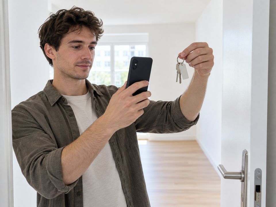 At an apartment door, a tenant shows the keys to the phone's camera at move-in.
