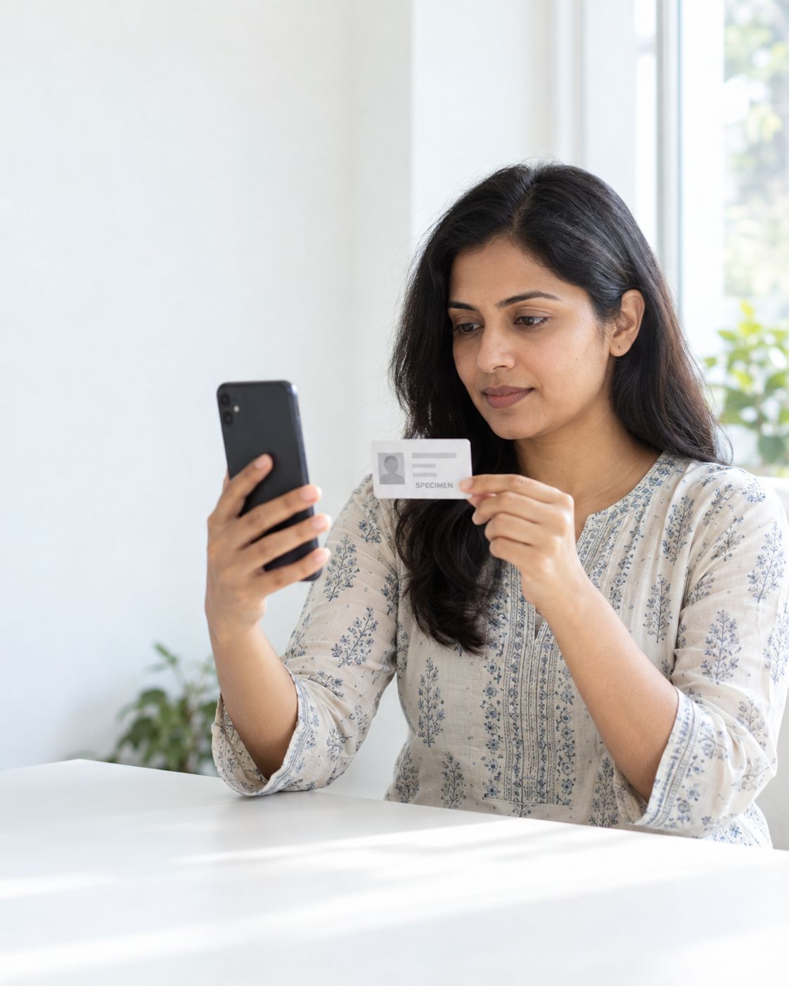 A woman on a video call on her phone, holding her ID card up to the camera.