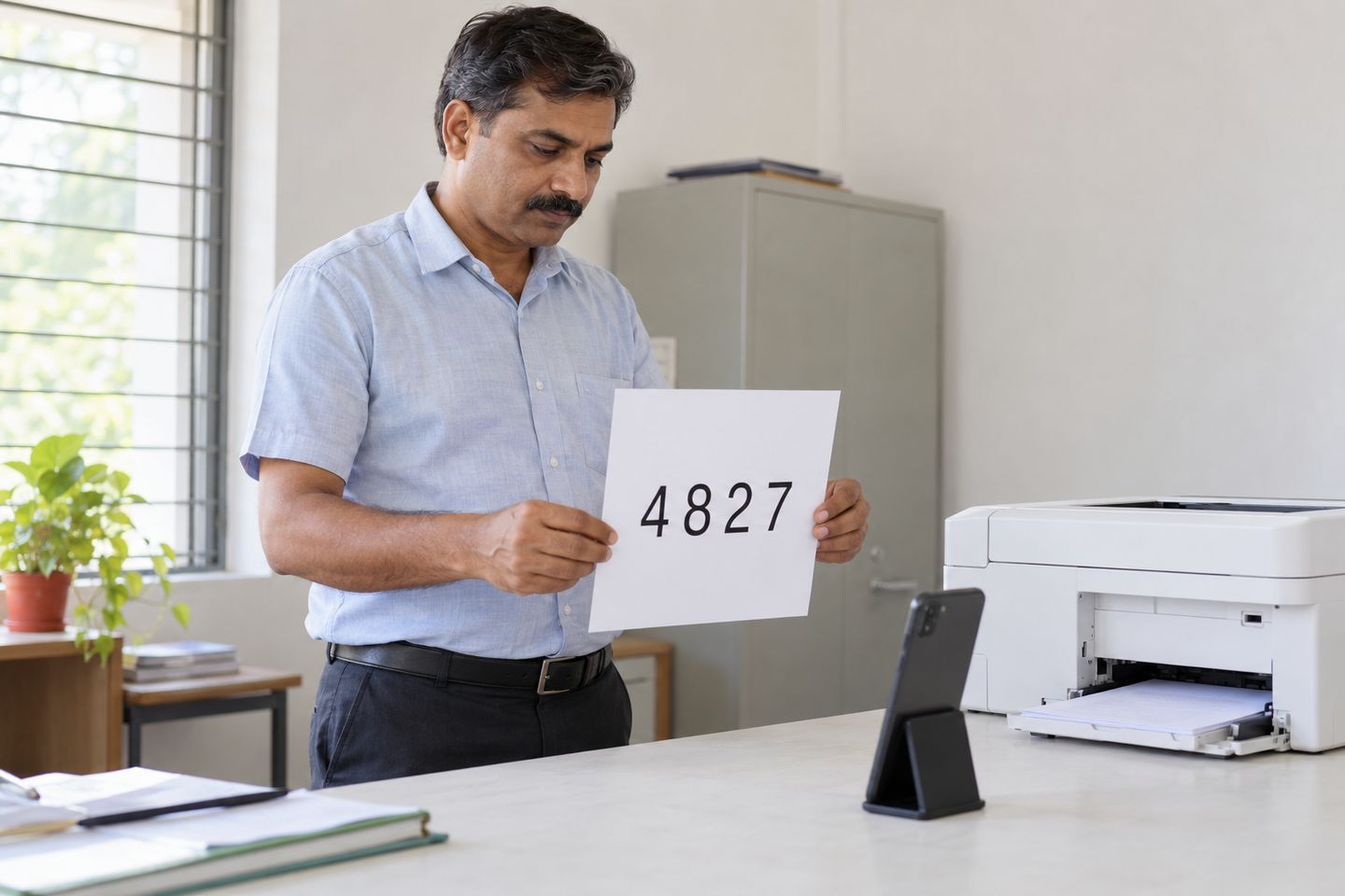 A service centre operator holds up a freshly printed page showing the call's code, 4827, beside the printer.