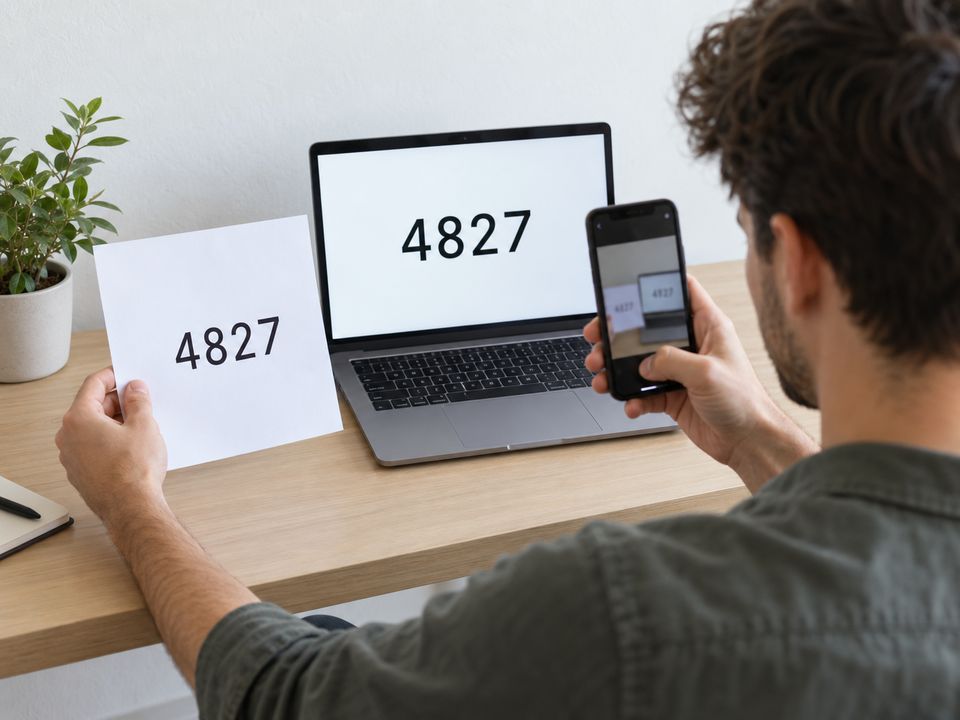 A new hire holds a printed page showing 4827 next to a laptop screen showing the same code.