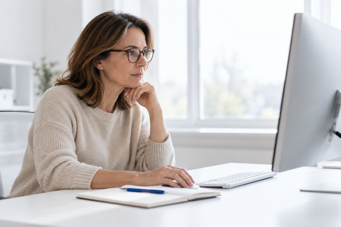 A reviewer at a quiet desk looks at the one step sent for a person to decide.