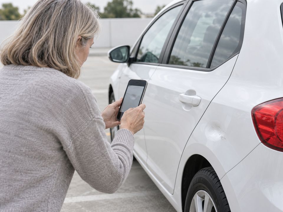 A car owner frames a small dent on the rear door with the phone's camera.